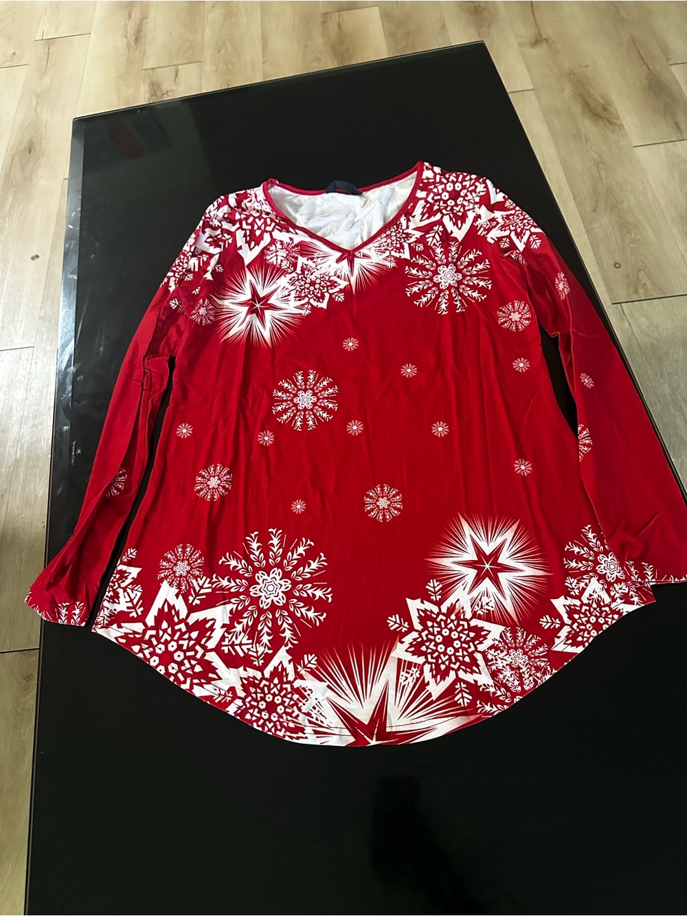 Red Snowflake V-Neck Long Sleeve Holiday Tee